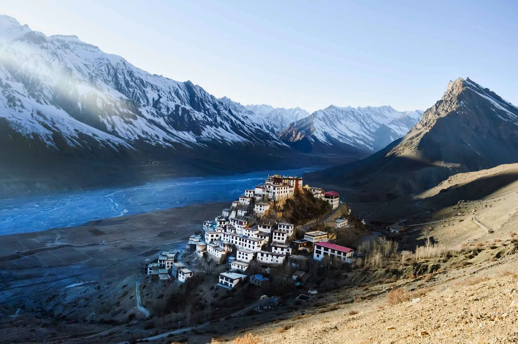 Mountain landscape and villages of Spiti Valley in Himachal Pradesh